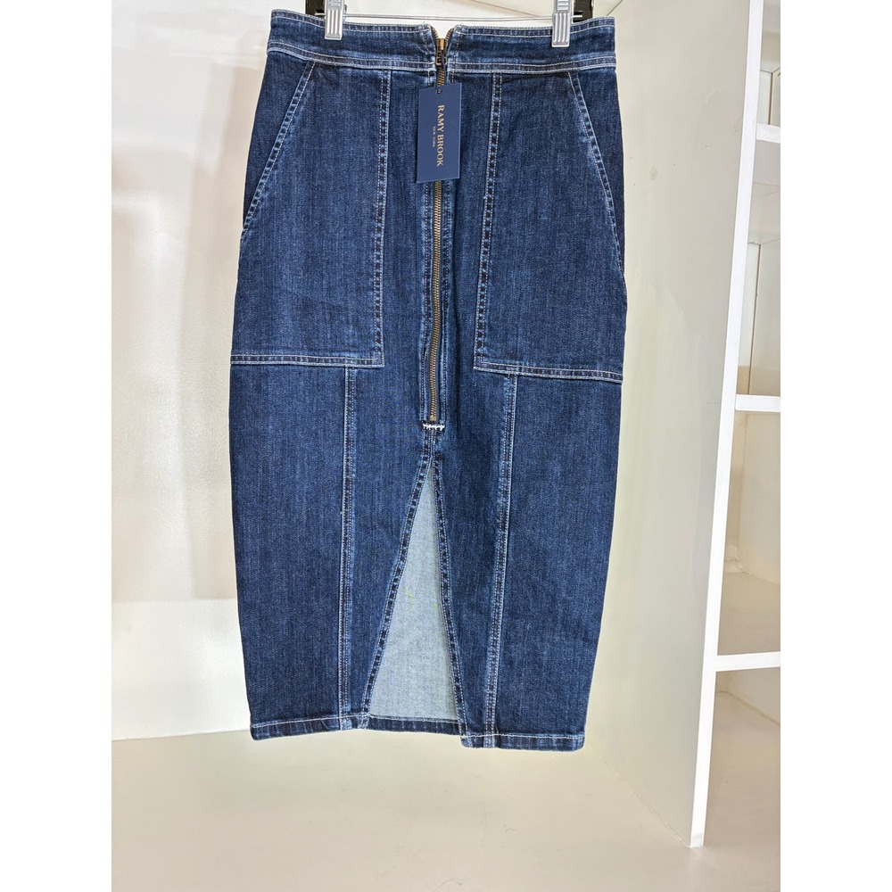 Ramy Brook Marietta Denim Skirt Womens 25 Dark Wash Front Zip Midi Slit New